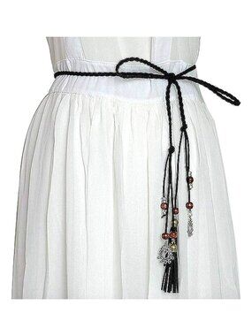 Black Braided Wrap-Around Waist Belt With Tassels & Metal Charms